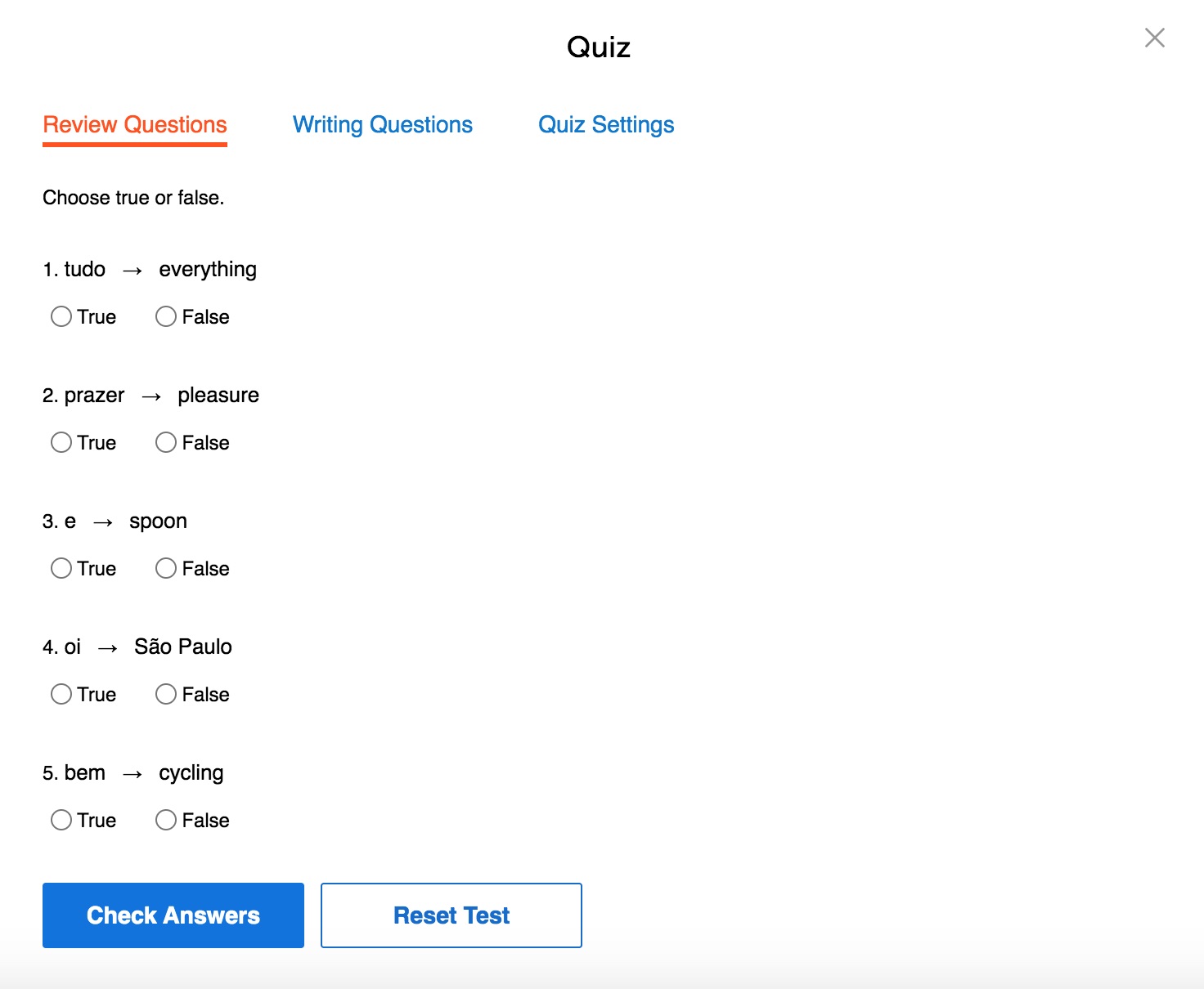 PortuguesePod101 review quiz function 