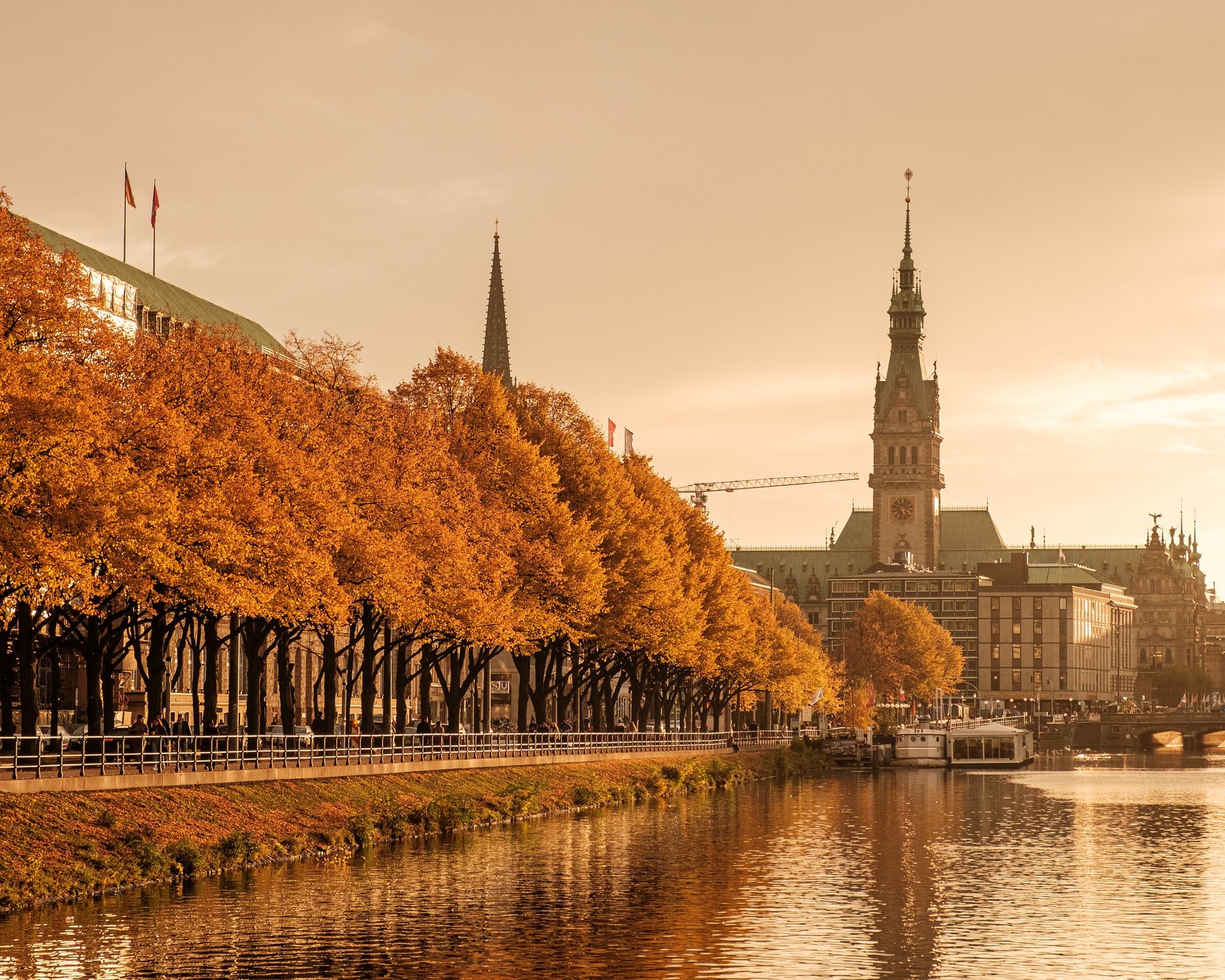 Autumnal day along a river in a German city 