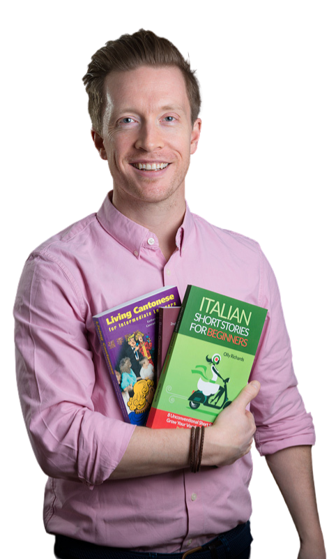 olly richards holding a set of language books