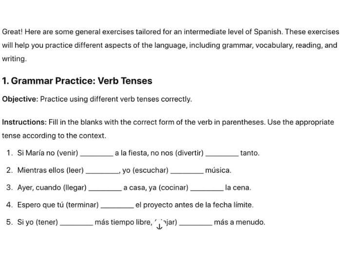 AI to learn Spanish exercises created with AI chatbot