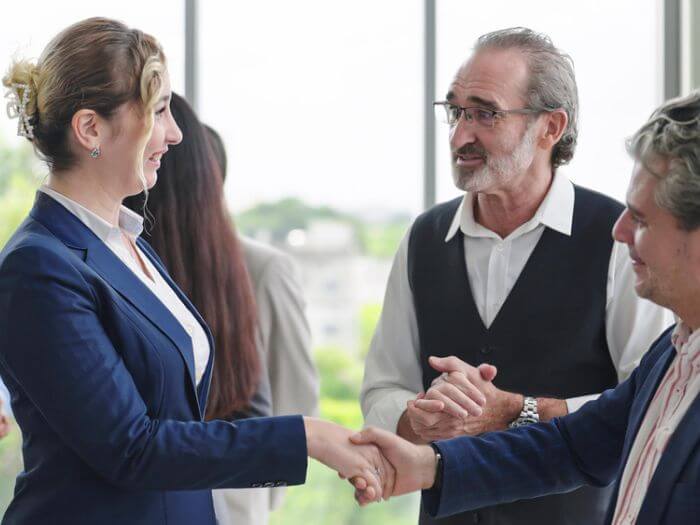 Business people being introduced and shaking hands