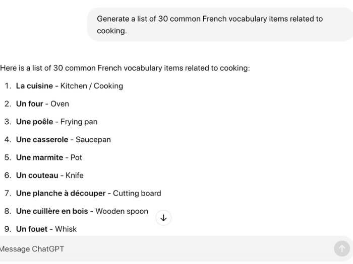 Learn French with AI create vocab lists