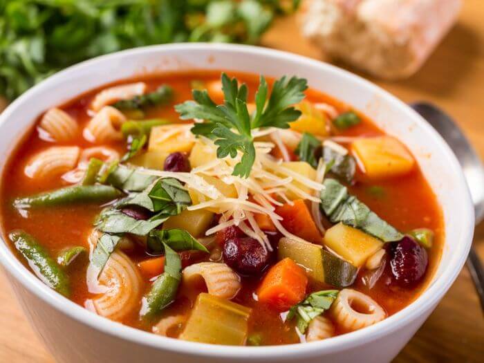 traditional Italian dishes minestrone soup with pasta, beans and vegetables