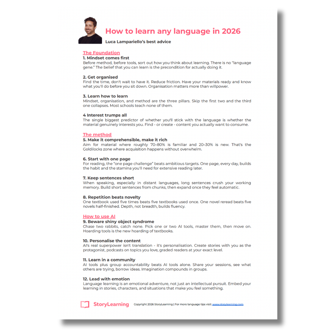 Free PDF guide titled "How to learn any language in 2026 — Luca Lampariello's best advice" shown on a tablet