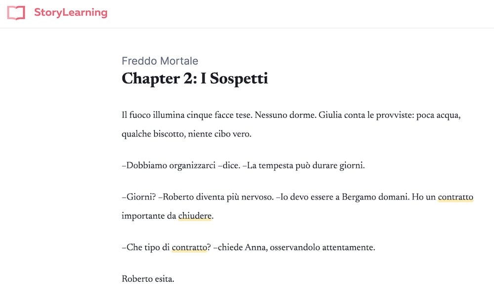 A chapter of an Italian story with saved words highlighted in the text, showing how words you've saved reappear in later stories.