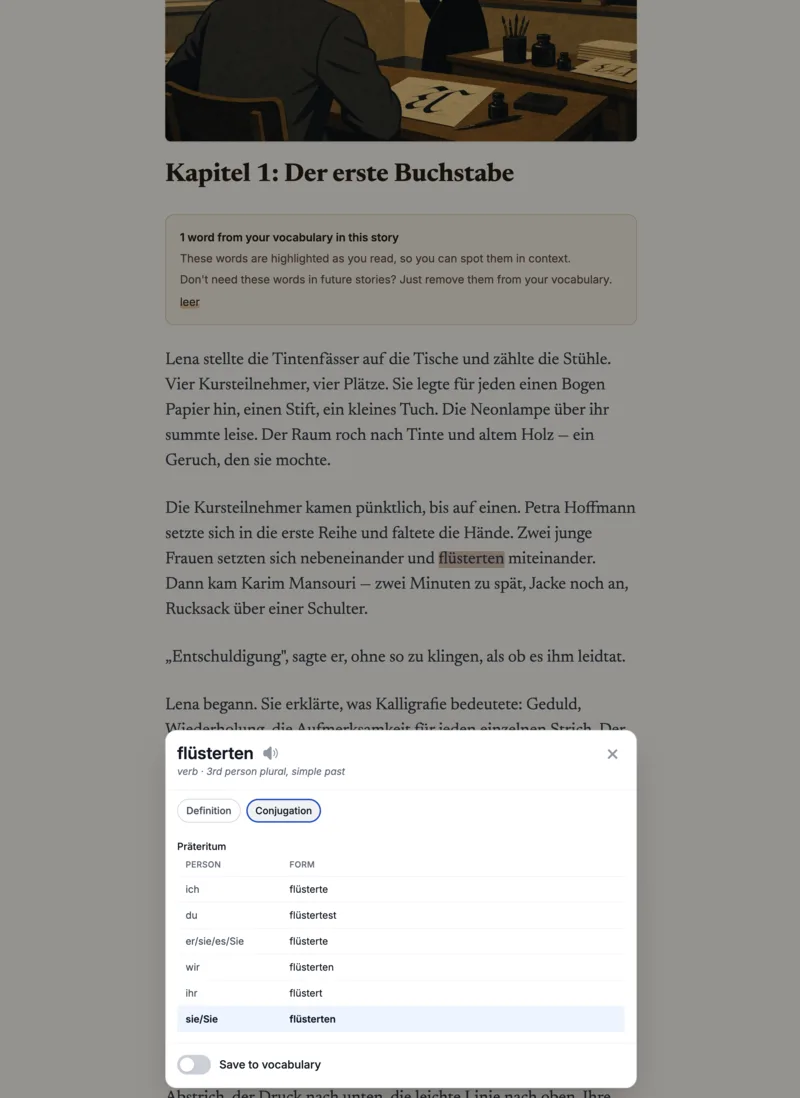 A German story with the word fl&uuml;sterten tapped, showing its full Pr&auml;teritum conjugation table and an option to save it to your vocabulary.