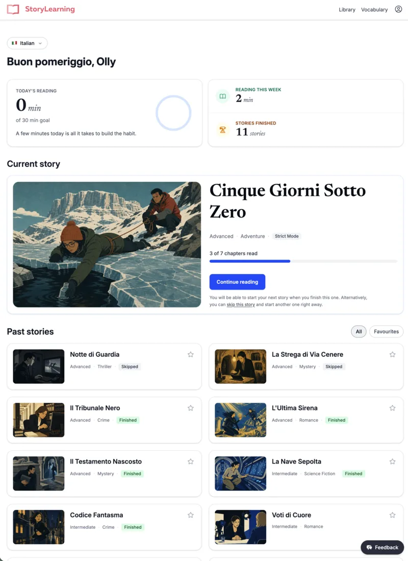 The app's home screen in Italian, showing today's reading progress, the current story Cinque Giorni Sotto Zero, and a library of past stories.