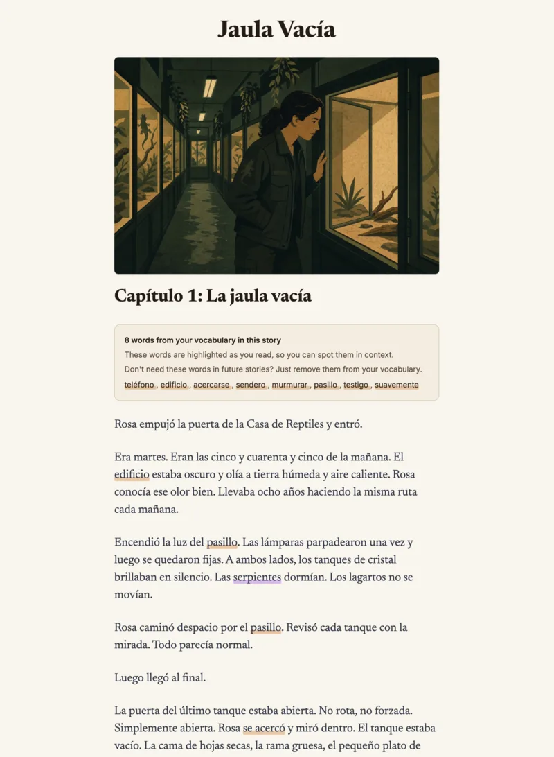 A Spanish story, Jaula Vac&iacute;a, with eight words from your vocabulary highlighted in the text so you can spot them in context.