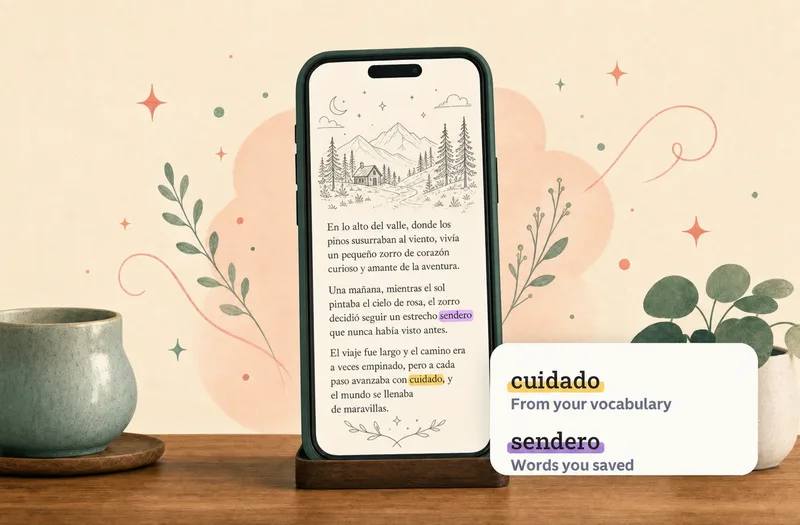 A phone on a desk showing a Spanish story with the saved words sendero and cuidado highlighted in the text, beside a card listing them as words you saved.