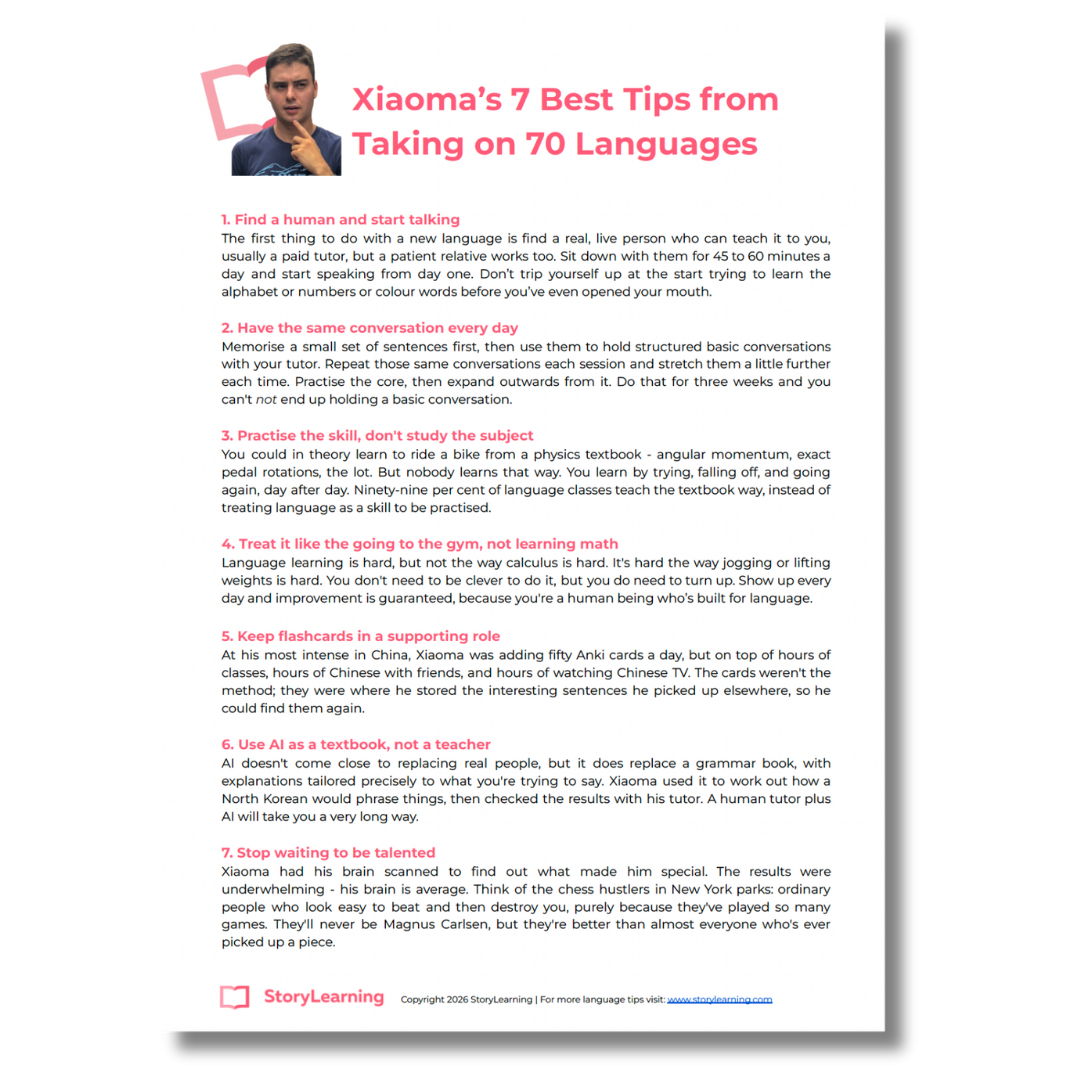 Xiaoma's 7 Best Tips from Taking on 70 Languages — free PDF guide