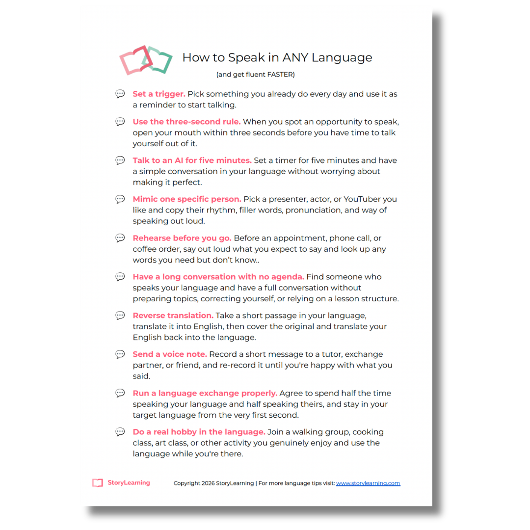 How to Speak in Any Language — free StoryLearning guide with 10 habits for conversational fluency